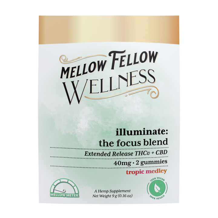 Mellow Fellow Wellness Illuminate Blend - The Focus Blend. THCv + CBD 40mg. Two gummies in Tropic Medley flavor.