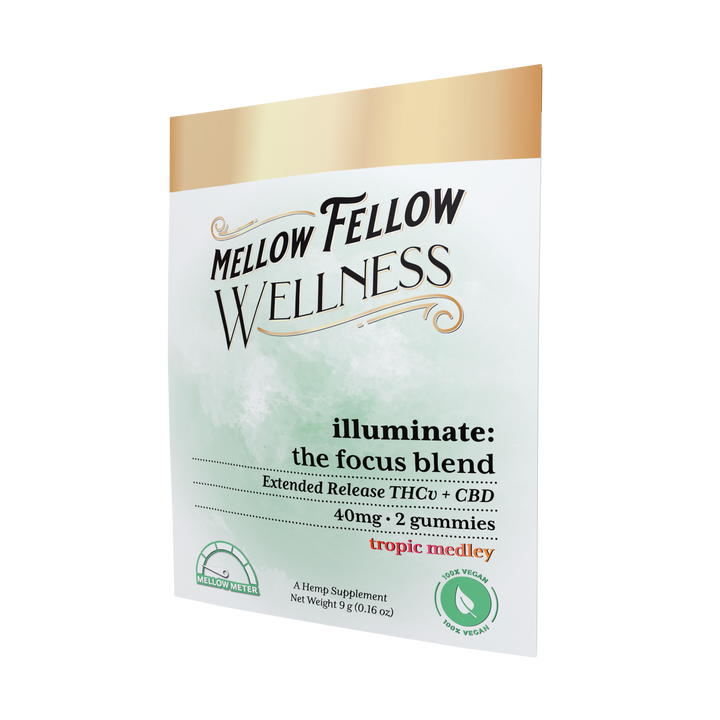 Mellow Fellow Wellness Illuminate Blend - The Focus Blend. THCv + CBD 40mg. Two gummies in Tropic Medley flavor.