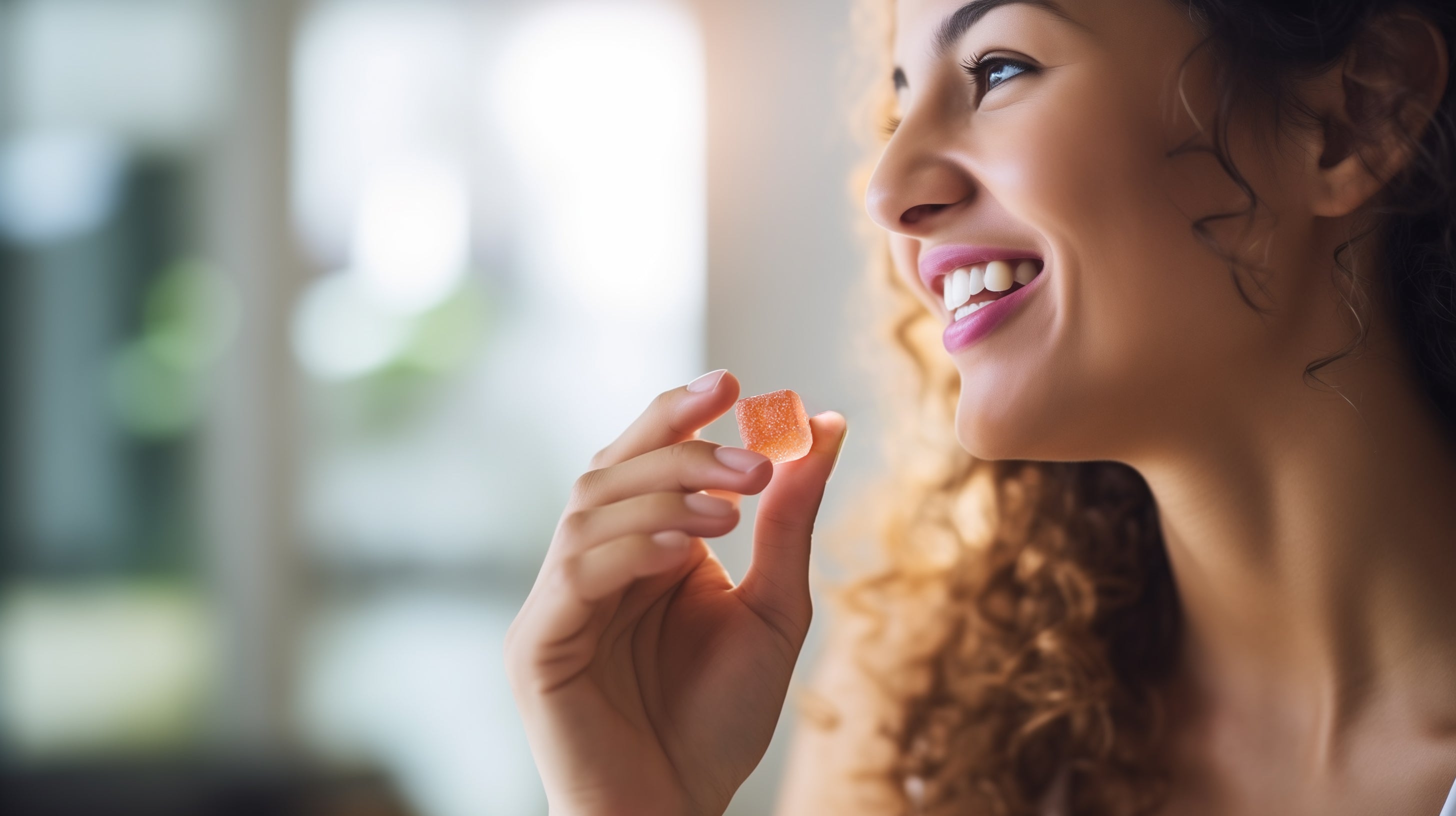 A woman with curly hair smiles while holding a small, orange gummy candy near her mouth. She is indoors with a blurred background, suggesting a casual, relaxed setting.