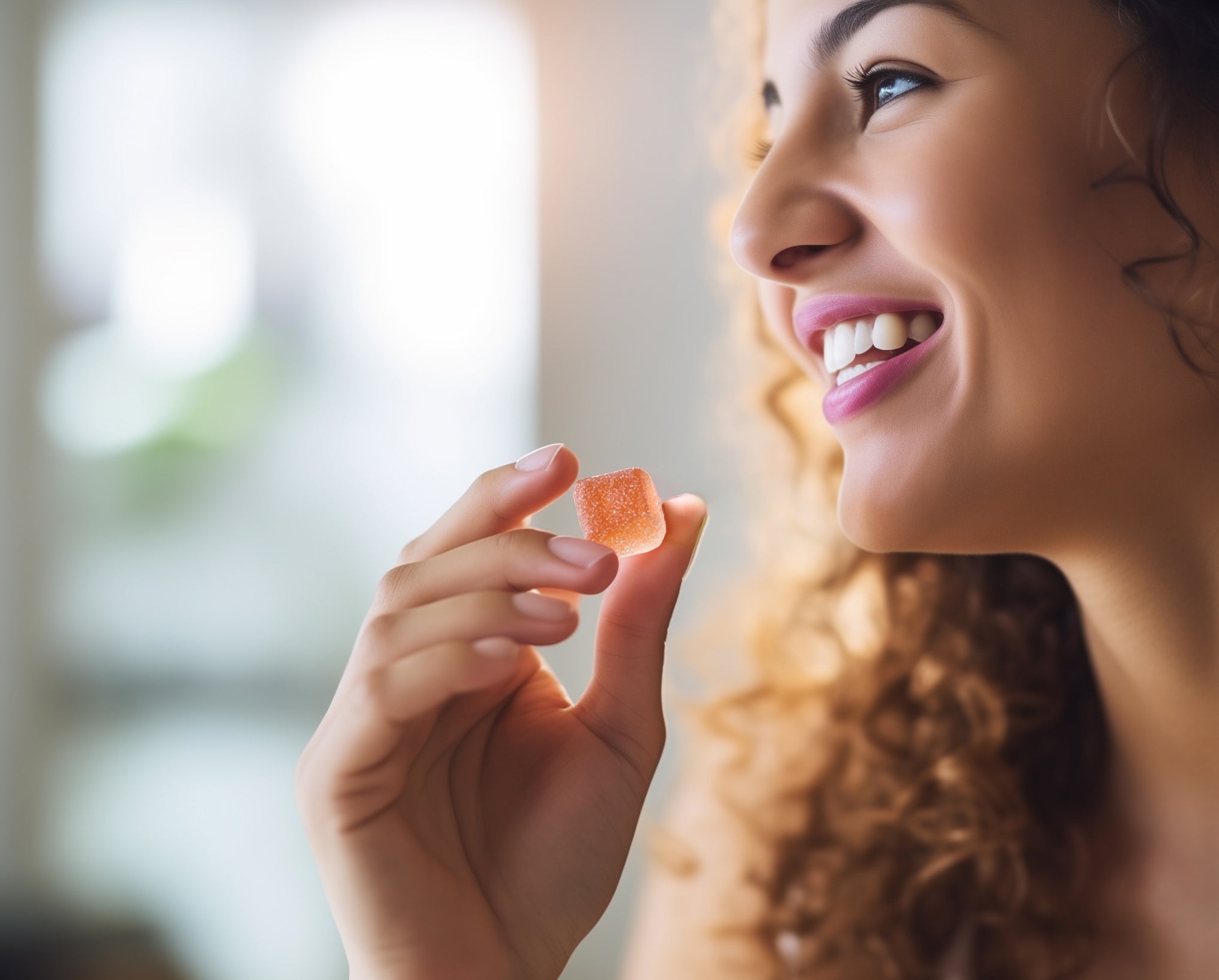 A smiling woman with curly hair holds a small, orange gummy square close to her face. The background is softly blurred, highlighting her joyful expression and the translucent texture of the gummy.