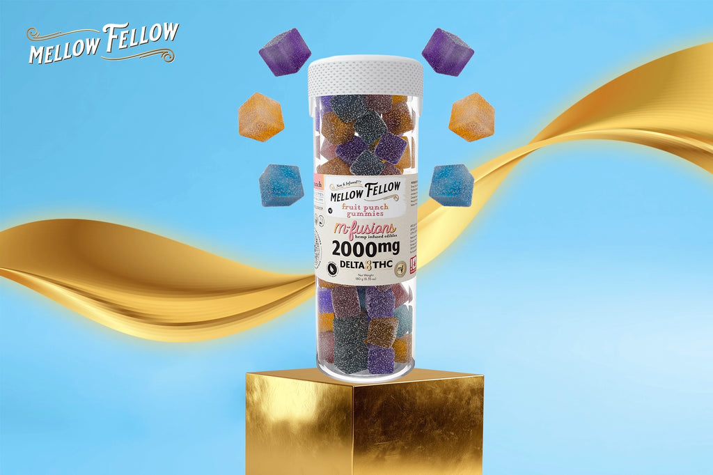 A Mellow Fellow M-Fusions Delta8THC Fruit Punch gummies container is placed on a golden square podium against an azure background