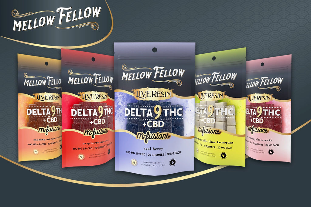Some different-flavored Mellow Fellow Delta 9 THC M-Fusions gummies rest against a black background