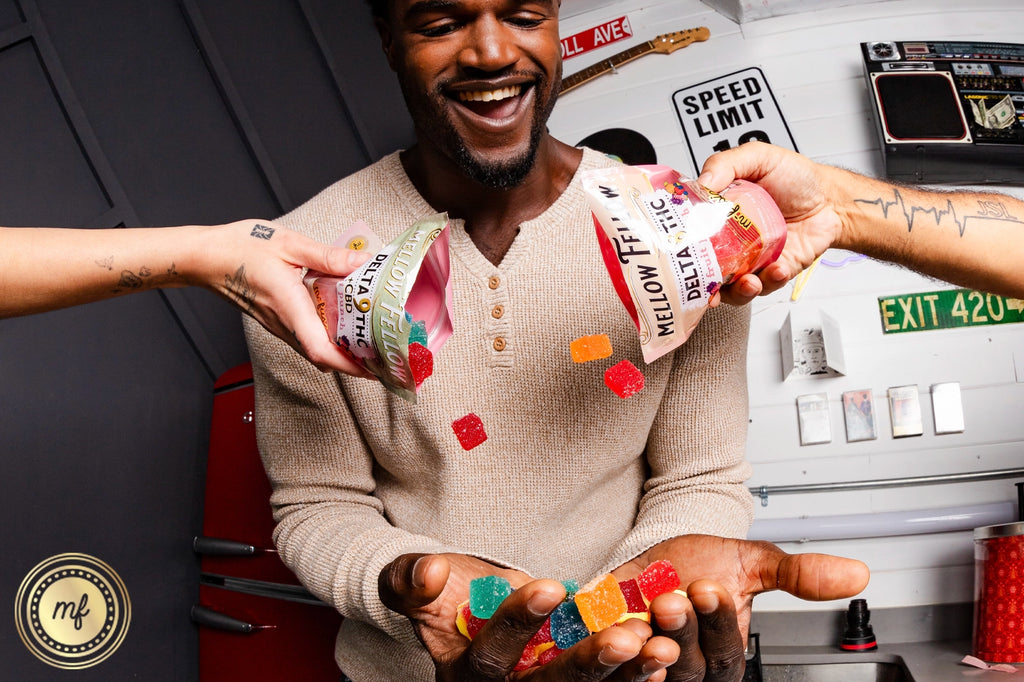 A person joyfully catching colorful Delta9THC gummiesgummy candies being poured from packages by hands on either side