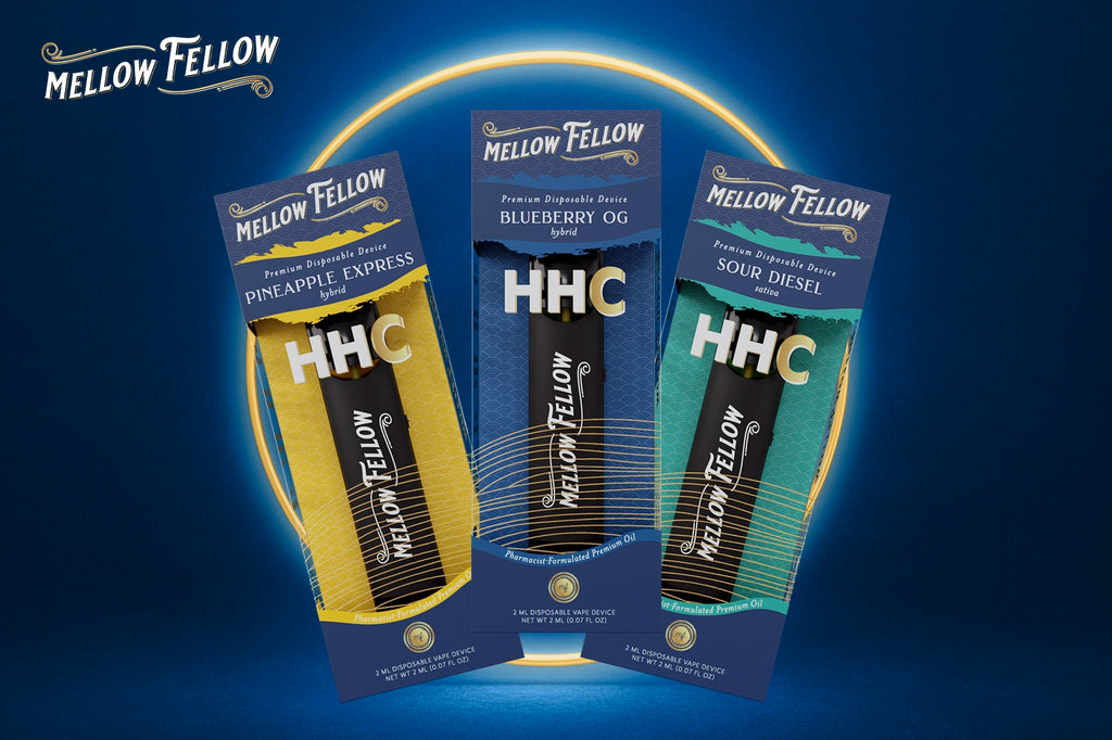 Three Mellow Fellow HHC premium disposable vape devices in Pineapple Express, Blueberry OG, and Sour Diesel flavours placed against a bluish background