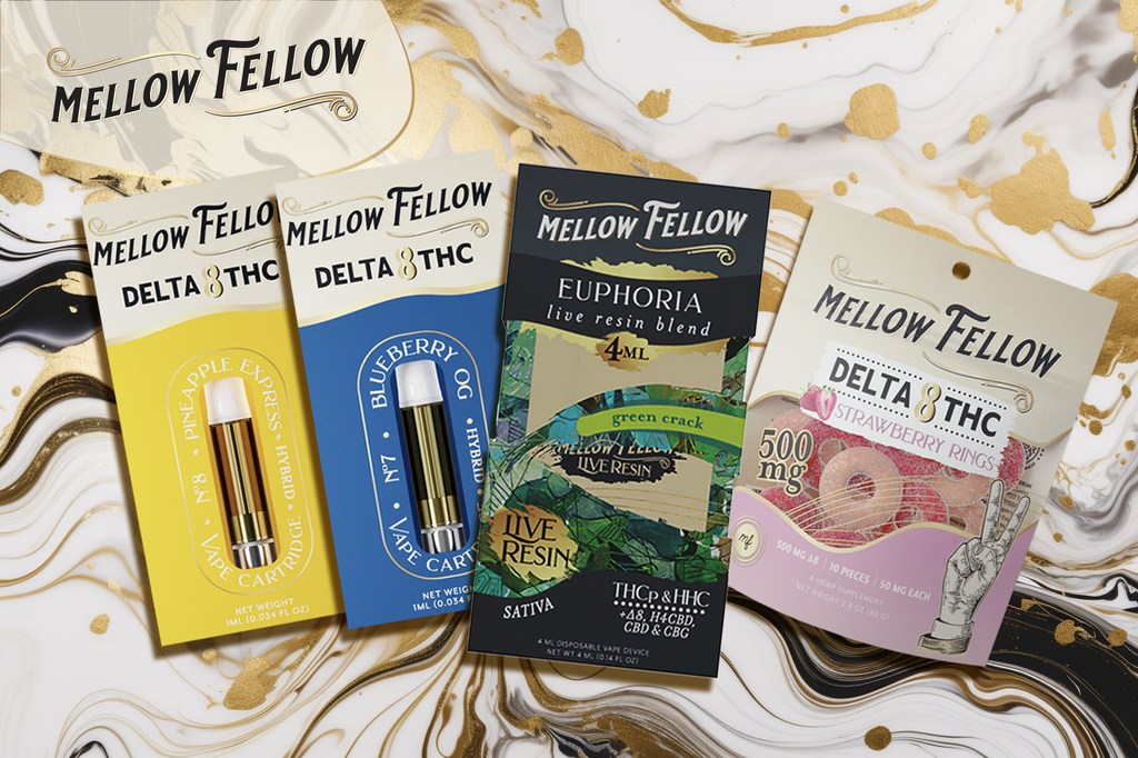 Assorted Delta 8 THC products from Mellow Fellow.