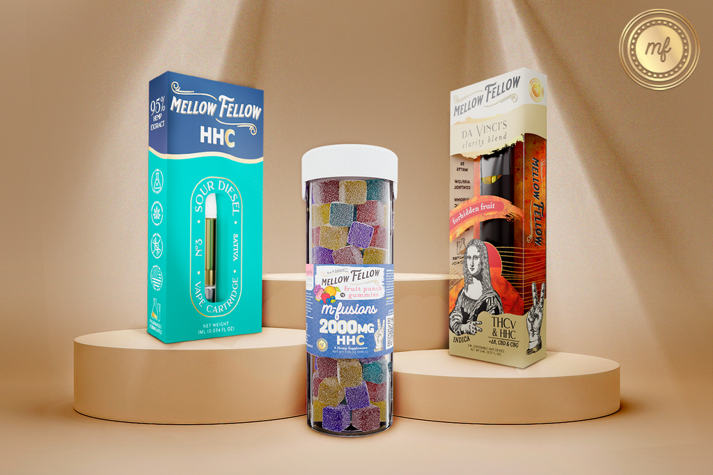 Various HHC Mellow Fellow Products on brown background