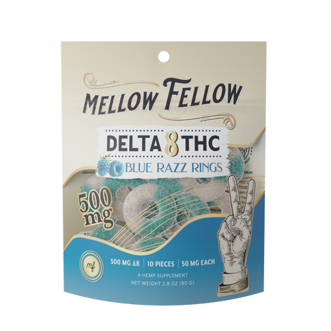 Bag of Mellow Fellow's Blue Razz Delta 8 gummies.