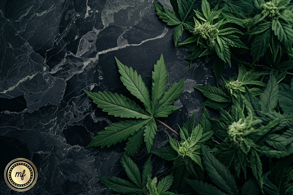 Marijuana buds and leaves on a gray surface.