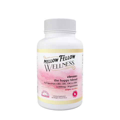 A container of Mellow Fellow Wellness Gummies: elevate with the happy blend