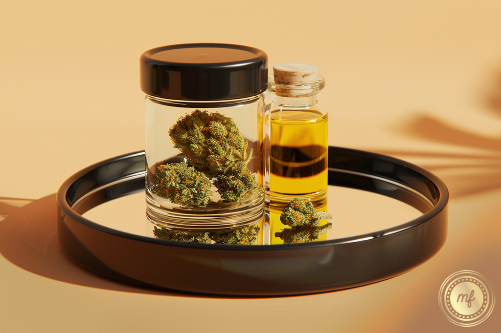 Some cannabis strains and CBD oil in a container placed on a plate