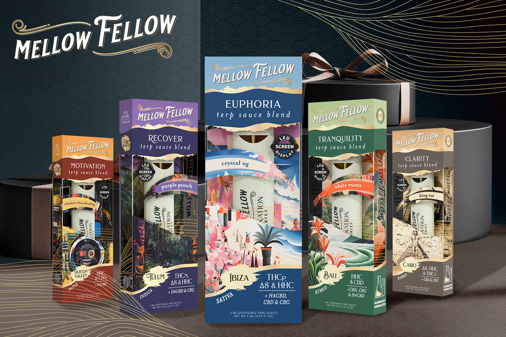 Assortment of Mellow Fellow disposable cannabinoid vapes