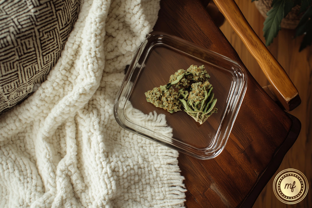 A cannabis strain in a glass pot is placed on a wooden table