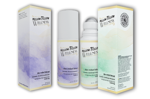 Two Mellow Fellow Wellness products displayed against a white backdrop. Each product shows two packages: one container and one box. Labels read "the relief blend" with ingredients and text. Packaging colors are purple and green.