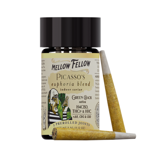 A container of Mellow Fellow PICASSO'S euphoria blend, featuring Green Crack sativa flavor, along with two joints