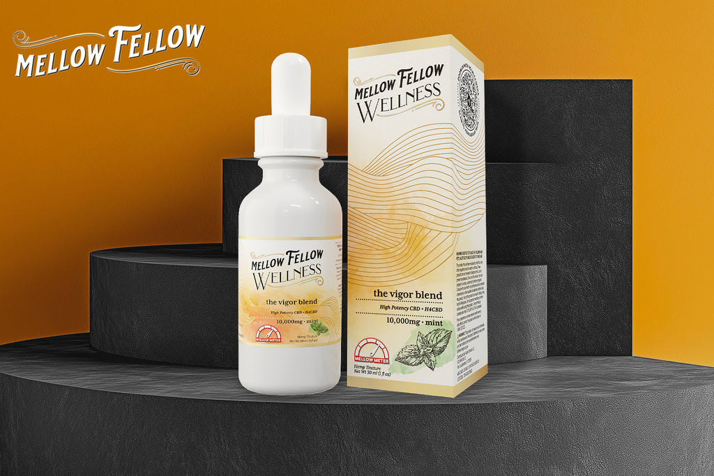A mellow fellow, WELLNESS The Vigor Blend, rests on a black stone against a yellow wall