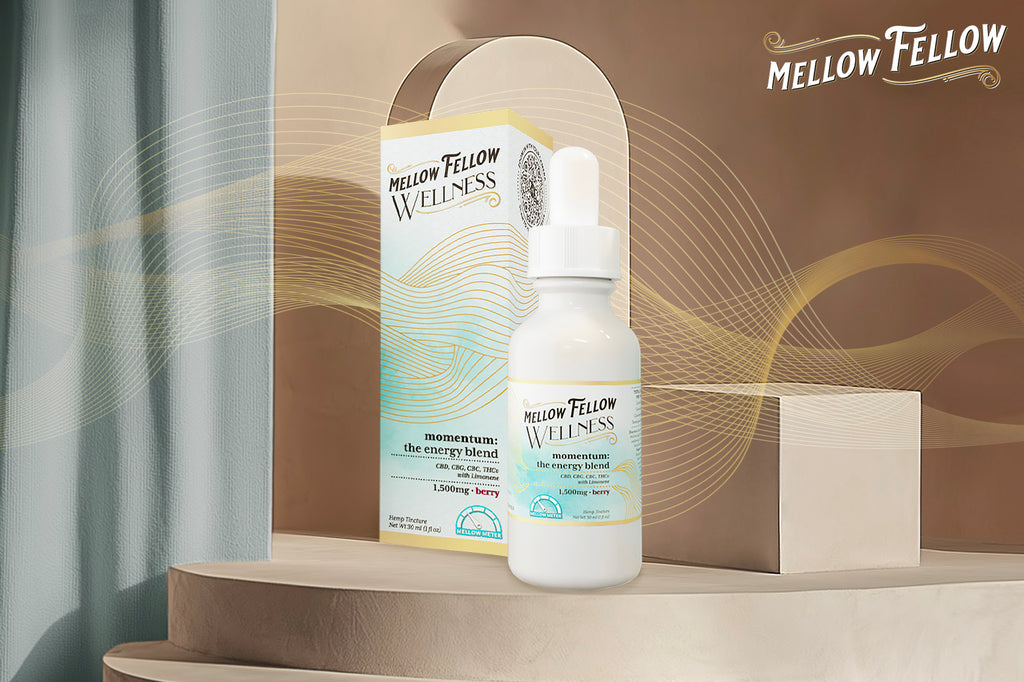 A tincture of Mellow Fellow WELLNESS Momentum, the energy blend, placed on a white floor