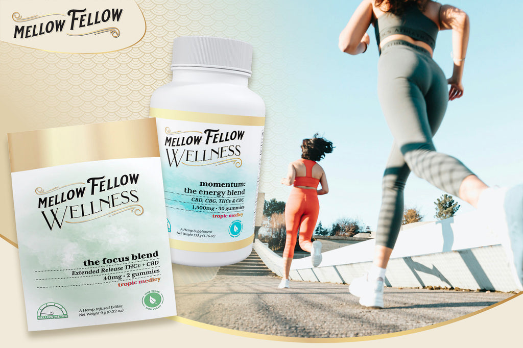Mellow Fellow gummies next to a photo of women running