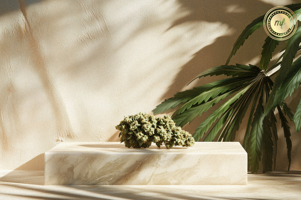 A cannabis weed keep on a white floor beside some marijuana leaves