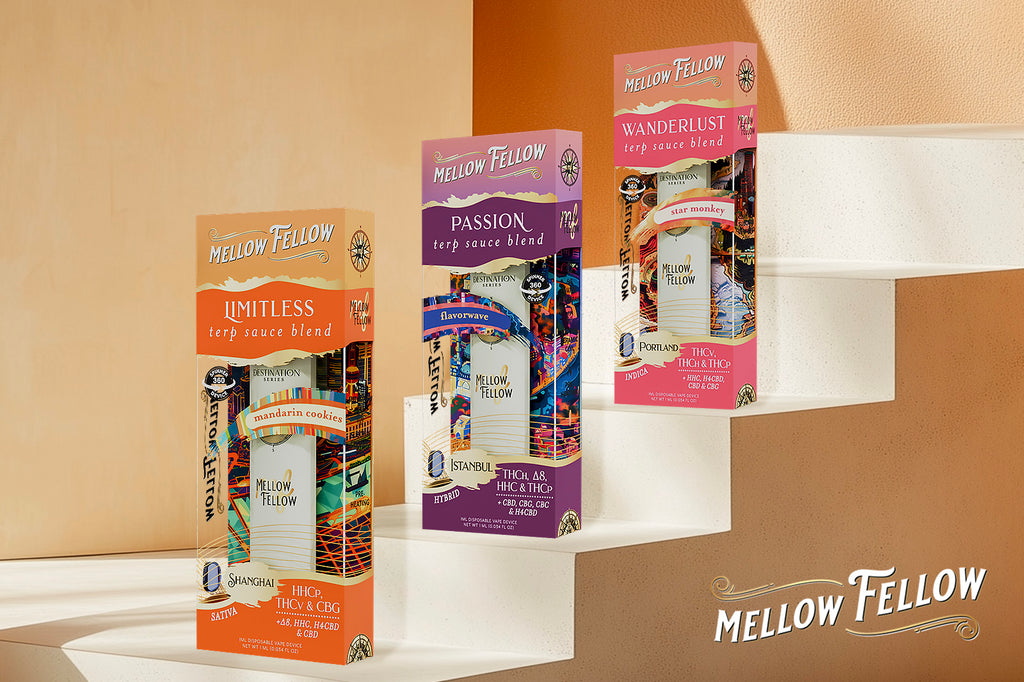 Mellow Fellow's Limitless, Passion, and Wanderlust are placed on the stairs