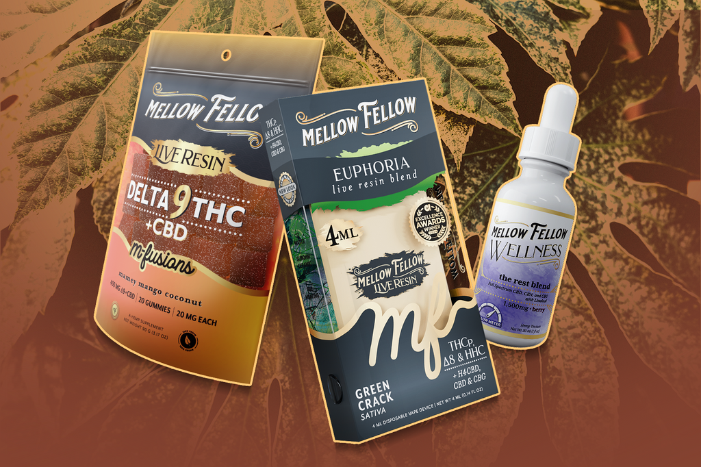 A pack of Mellow Fellow M-Fusions Live Resin, EUPHORIA Live Resin, and WELLNESS: The Rest Blend, set against a background of brown cannabis leaves
