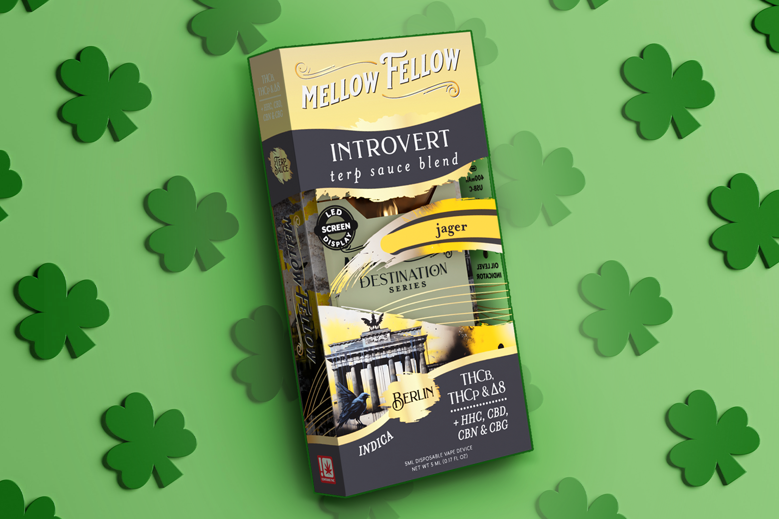 Mellow Fellow Jager Vape over a shamrock background