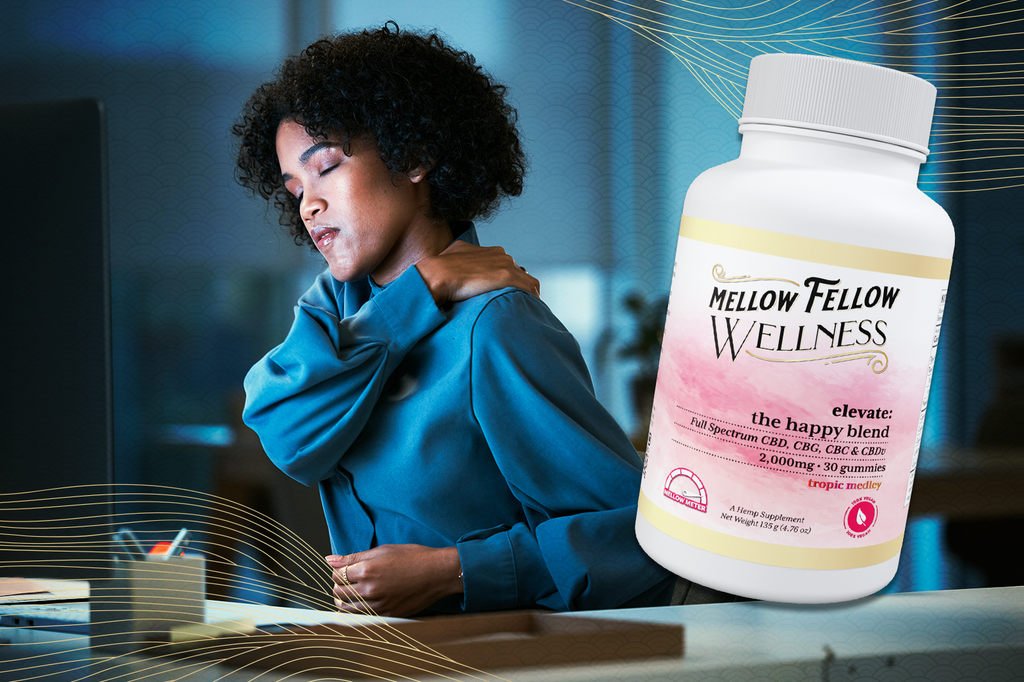 A lady is seated at a desk, holding her neck as if she's feeling pain, with a Mellow Fellow WELLNESS Elevate: The Happy Blend placed nearby