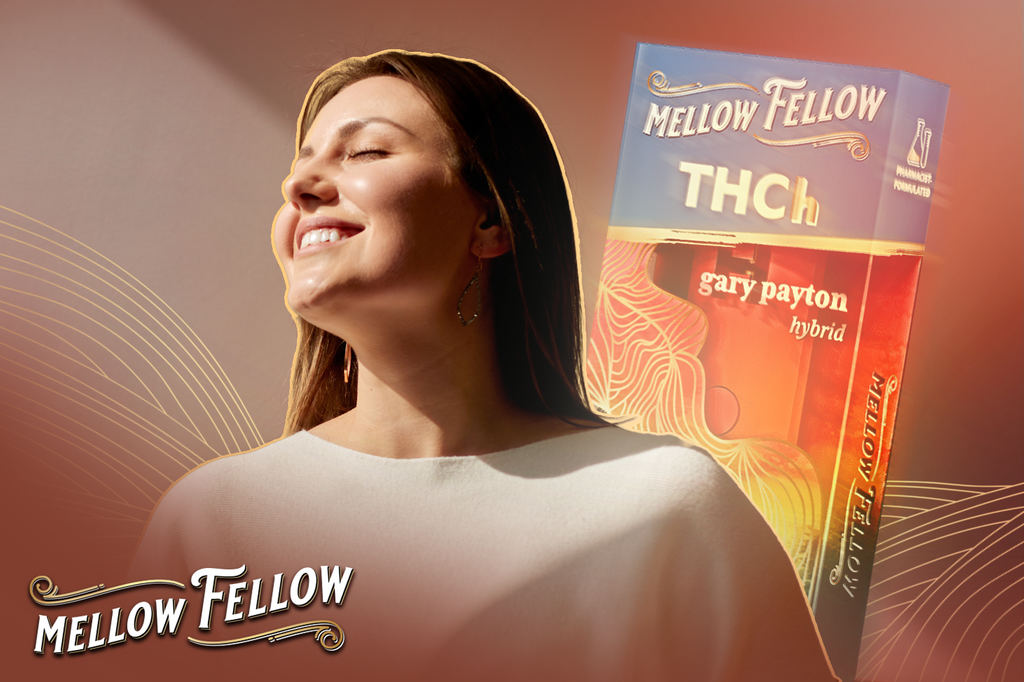 A pack of Mellow Fellow THCh Gary Payton flavor disposable vape devices, along with a lady smiling and enjoying the flavor