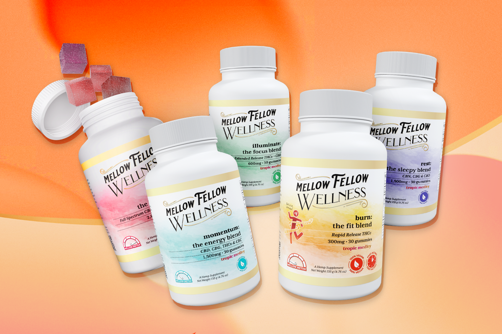 Five different flavors of Mellow Fellow WELLNESS gummies set against a colorful background
