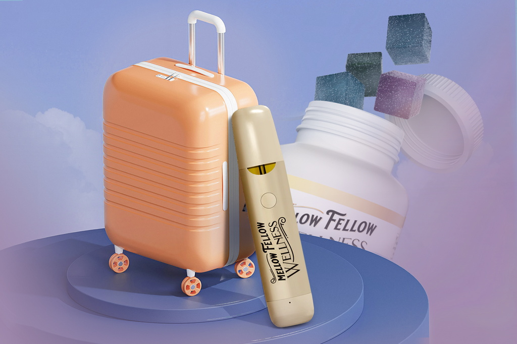 Mellow Fellow vape cartridge, CBD gummies, and suitcase suggesting CBD packing for air travel.
