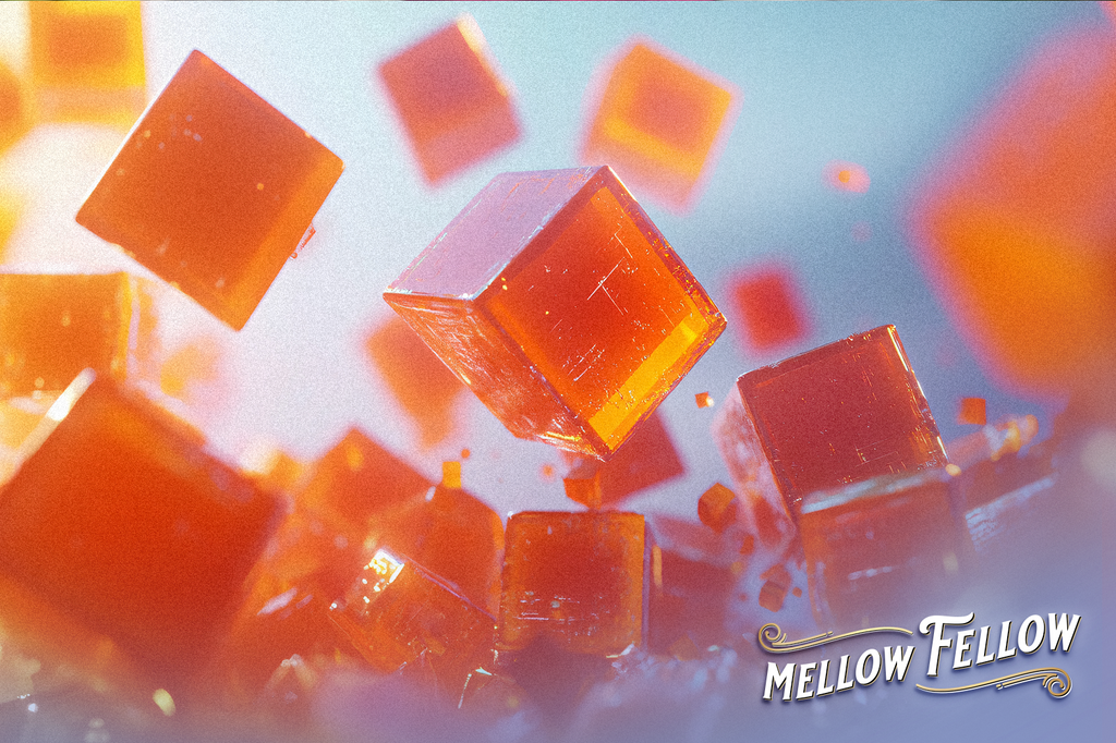 Some yellowish-orange gummies floating against a white background