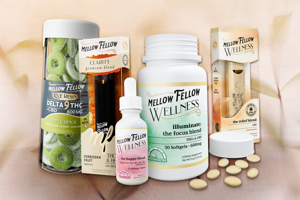 Some different flavors of Mellow Fellow's Live Resins, Vape Devices, and Softgels placed against a bright background