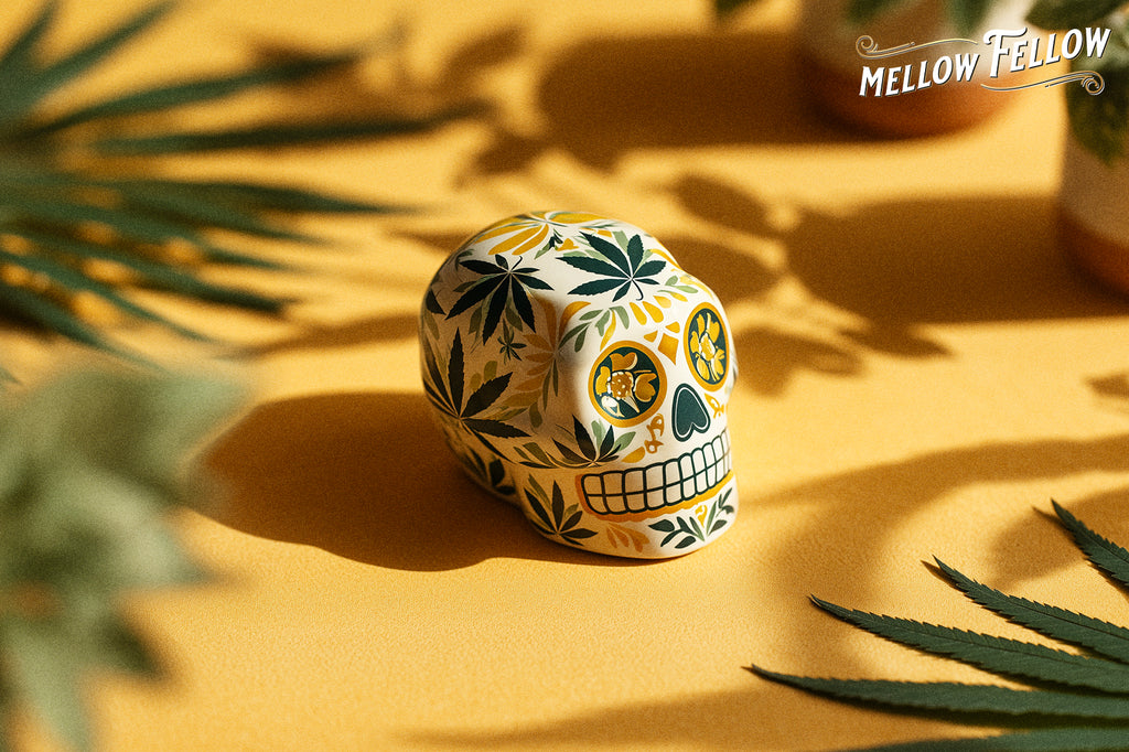A Cinco de Mayo skull with a cannabis leaf print on a wooden surface, surrounded by cannabis leaves