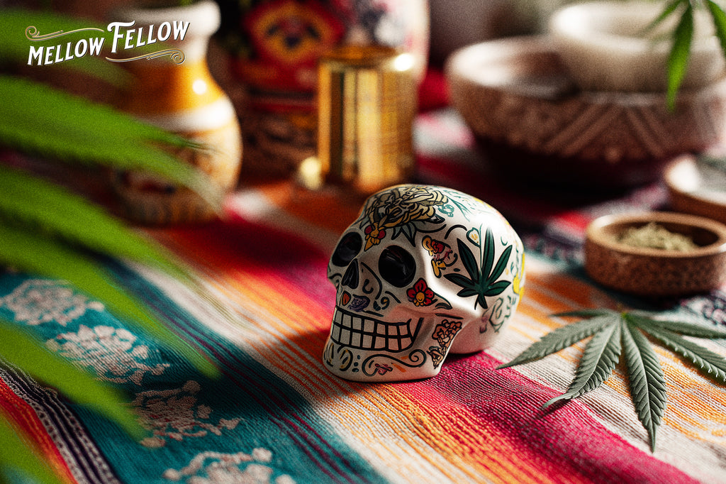 Colorful Cinco de Mayo skull on a vibrant Mexican blanket with cannabis leaves and festive decor