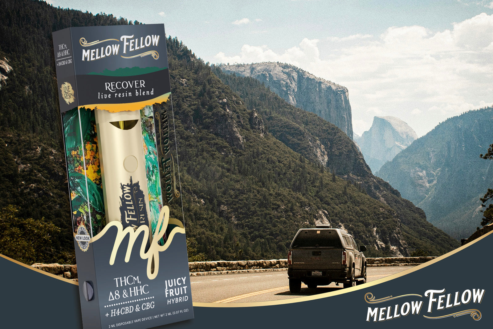 Car driving through nature. Mellow Fellow vape next to the scene.