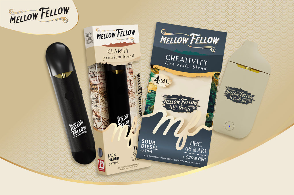 A Mellow Fellow disposable vape device featuring CLARITY with Jack Herer flavor and CREATIVITY with Sour Diesel flavor, placed against a white background