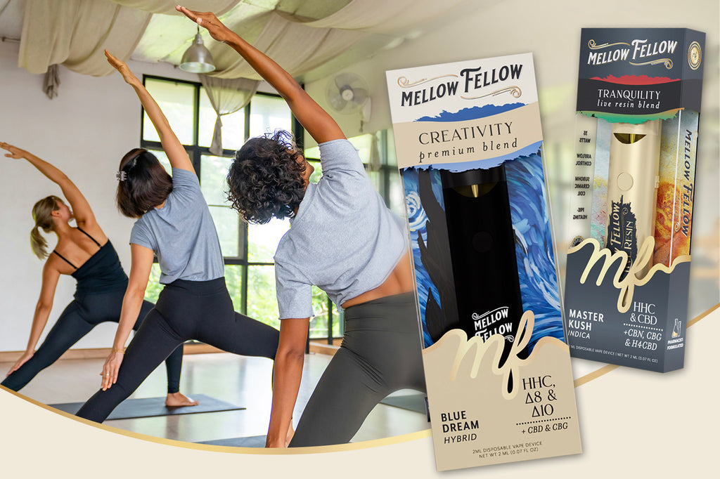 Three people practice yoga indoors, each in a side stretch pose on mats, accompanied by Mellow Fellow's CREATIVITY and TRANQUILITY vape devices
