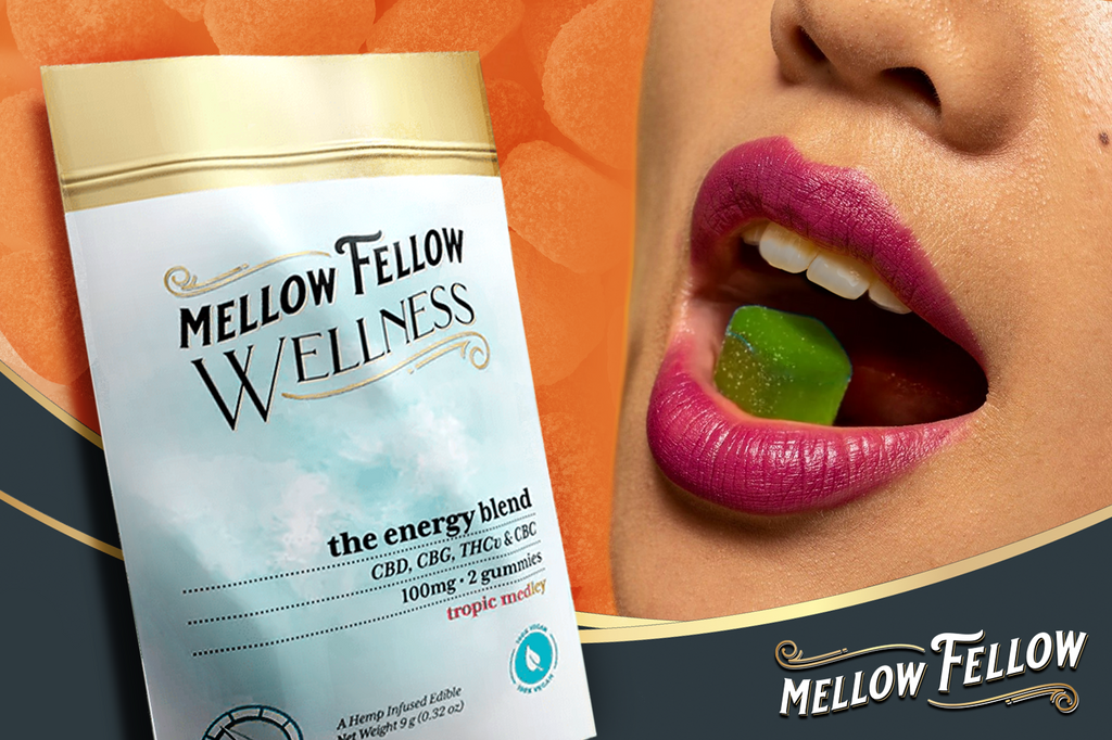 A woman puts a green gummy in her mouth, with a Mellow Fellow WELLNESS Energy Blend gummies pack beside her