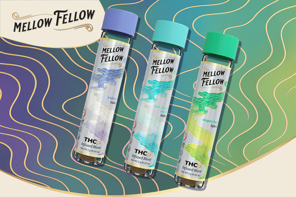 Three Mellow Fellow THCp-infused blunt tubes with colorful caps on a wavy, abstract background