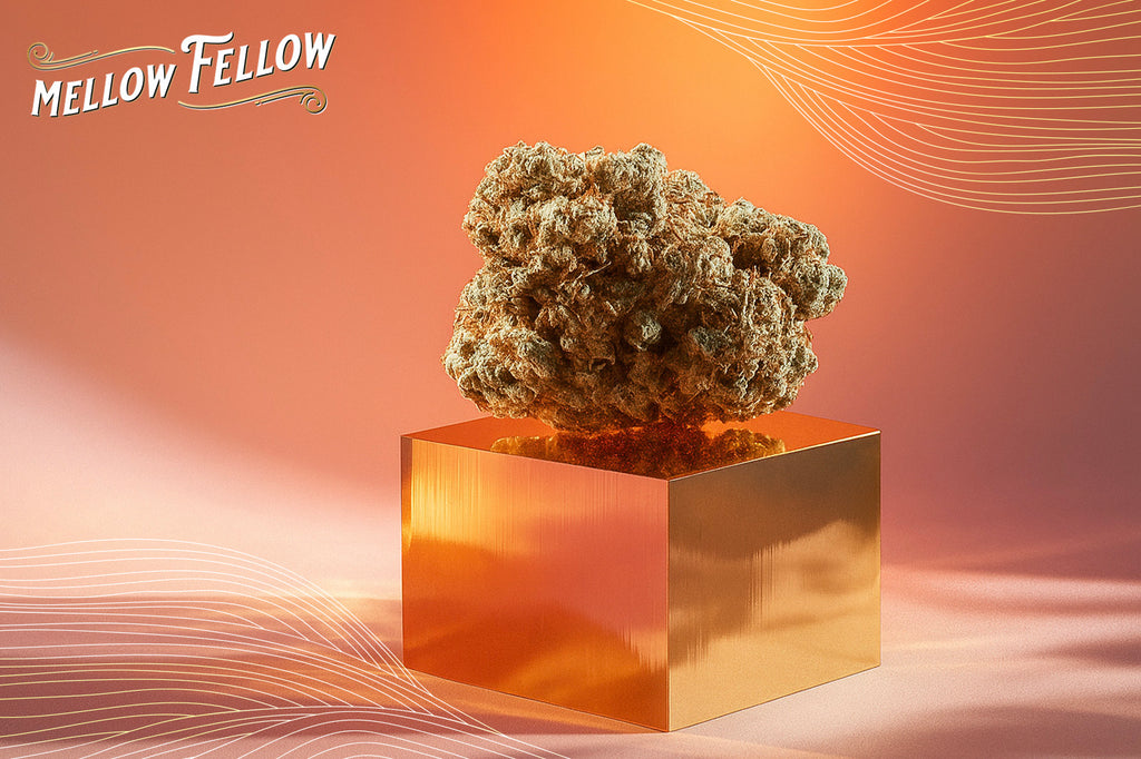 A cannabis buds sits on a reflective amber cube against a warm, gradient background