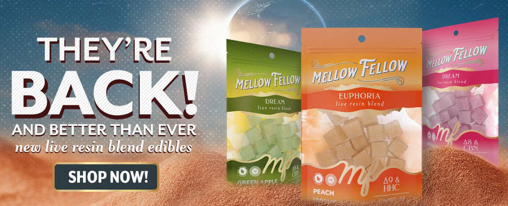 hree different Mellow Fellow live resin blends - Dream (Green Apple), Euphoria (Peach), and Dream (Strawberry) placed on sand