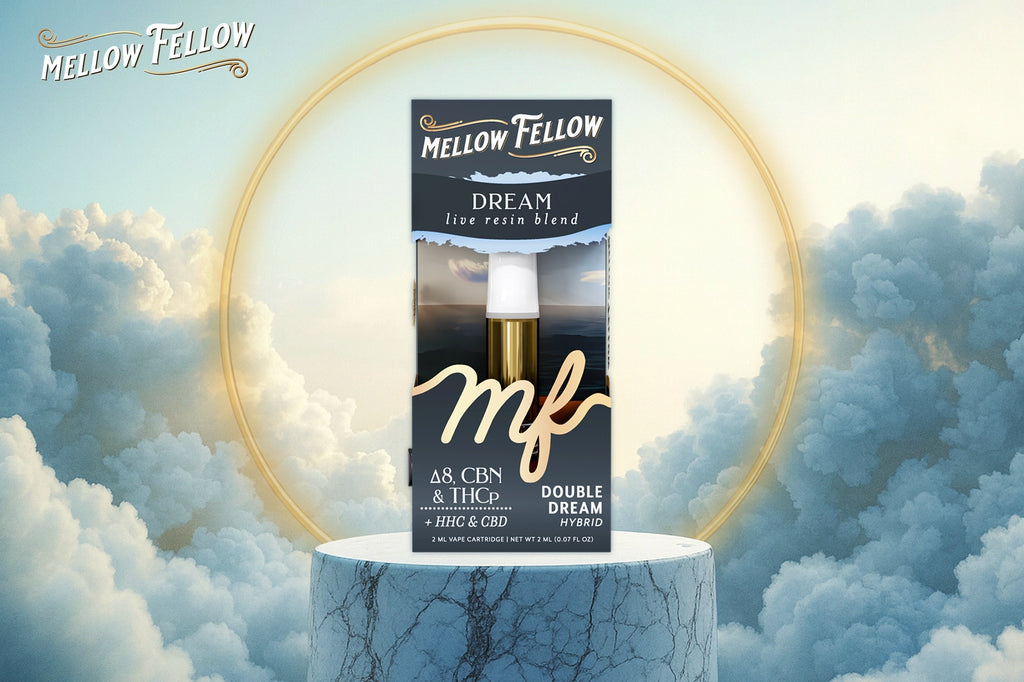 A Mellow Fellow DREAM premium blend vape device with Double Dream flavor, placed on a marble podium against a cloudy sky background