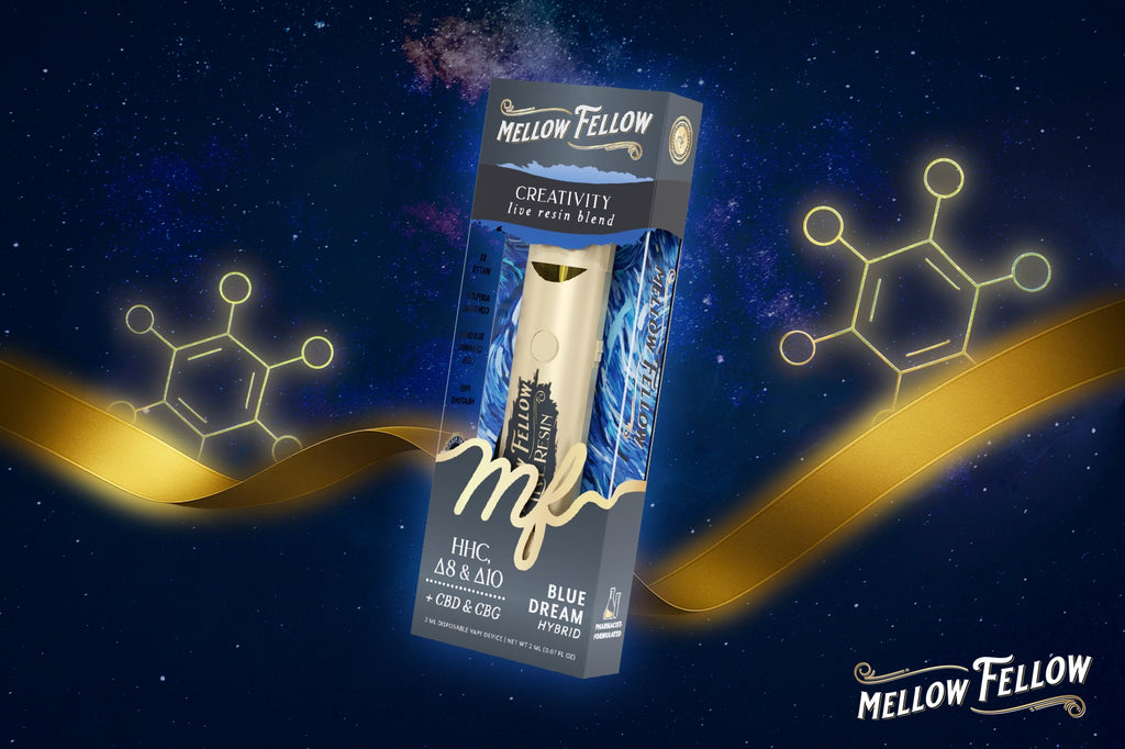 A Mellow Fellow CREATIVITY Blue Dream disposable vape device set against a blue background with two gold molecular structure
