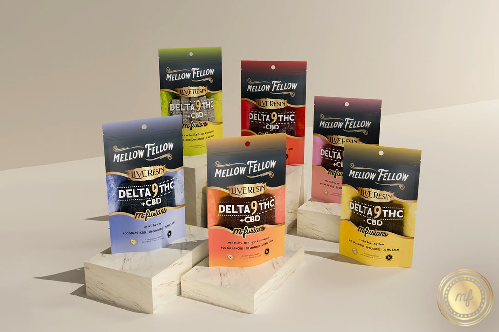 Different flavors of Mellow Fellow Delta9 THC+CBD M-Fusions gummies are placed on white podiums