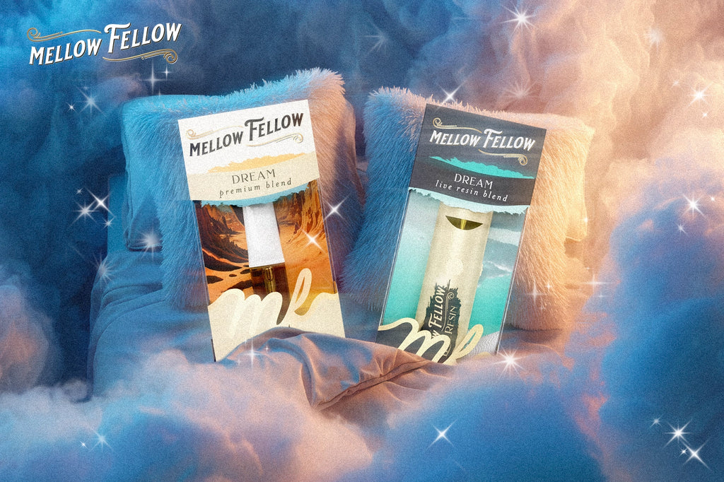 Two Mellow Fellow DREAM premium blend & live resin blend vape device rests on fluffy pillows, surrounded by soft clouds and twinkling stars