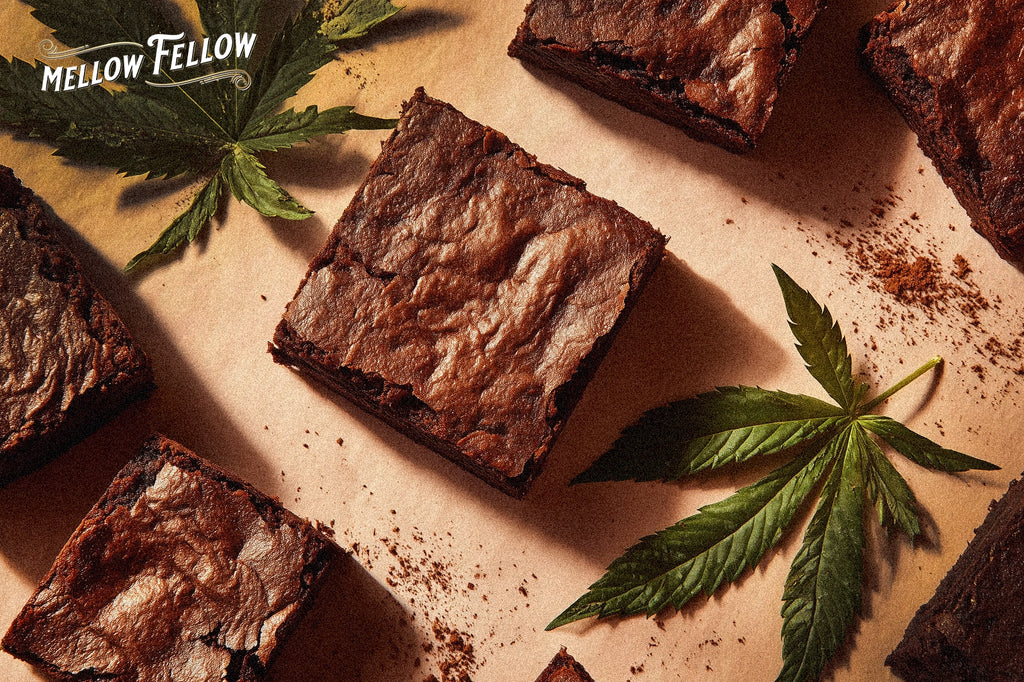 Some edible chocolate brownies and some cannabis leaves placed on a white surface