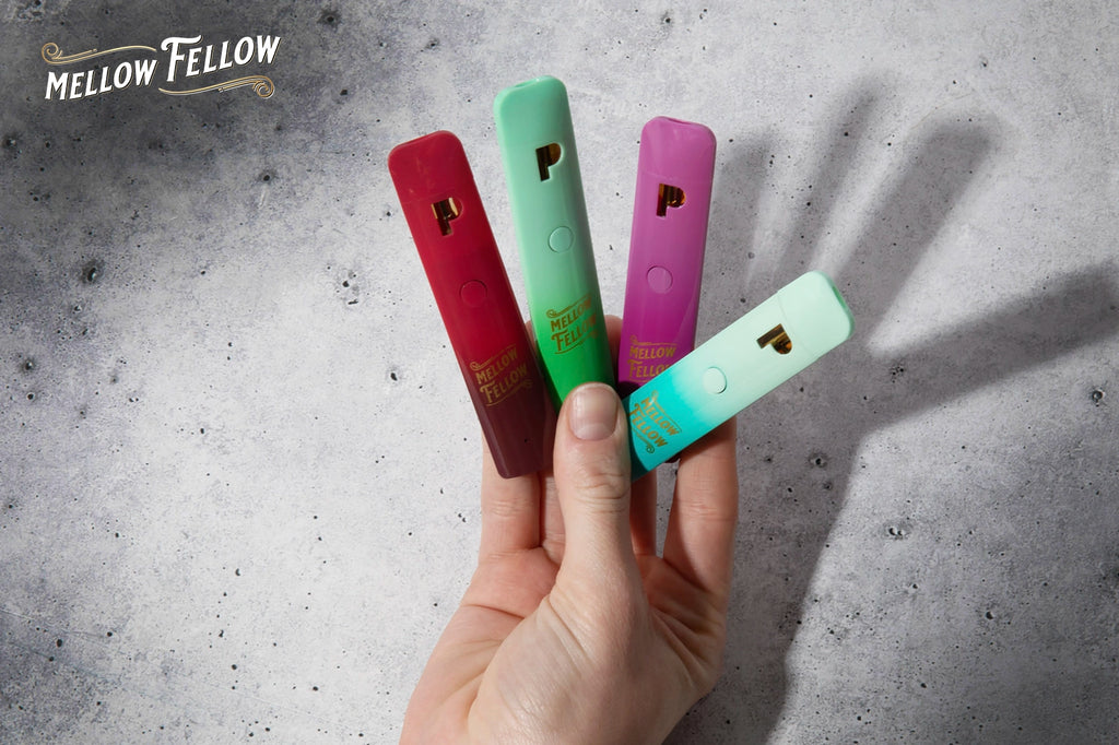 A hand holding four differently flavored Mellow Fellow vape devices on the floor