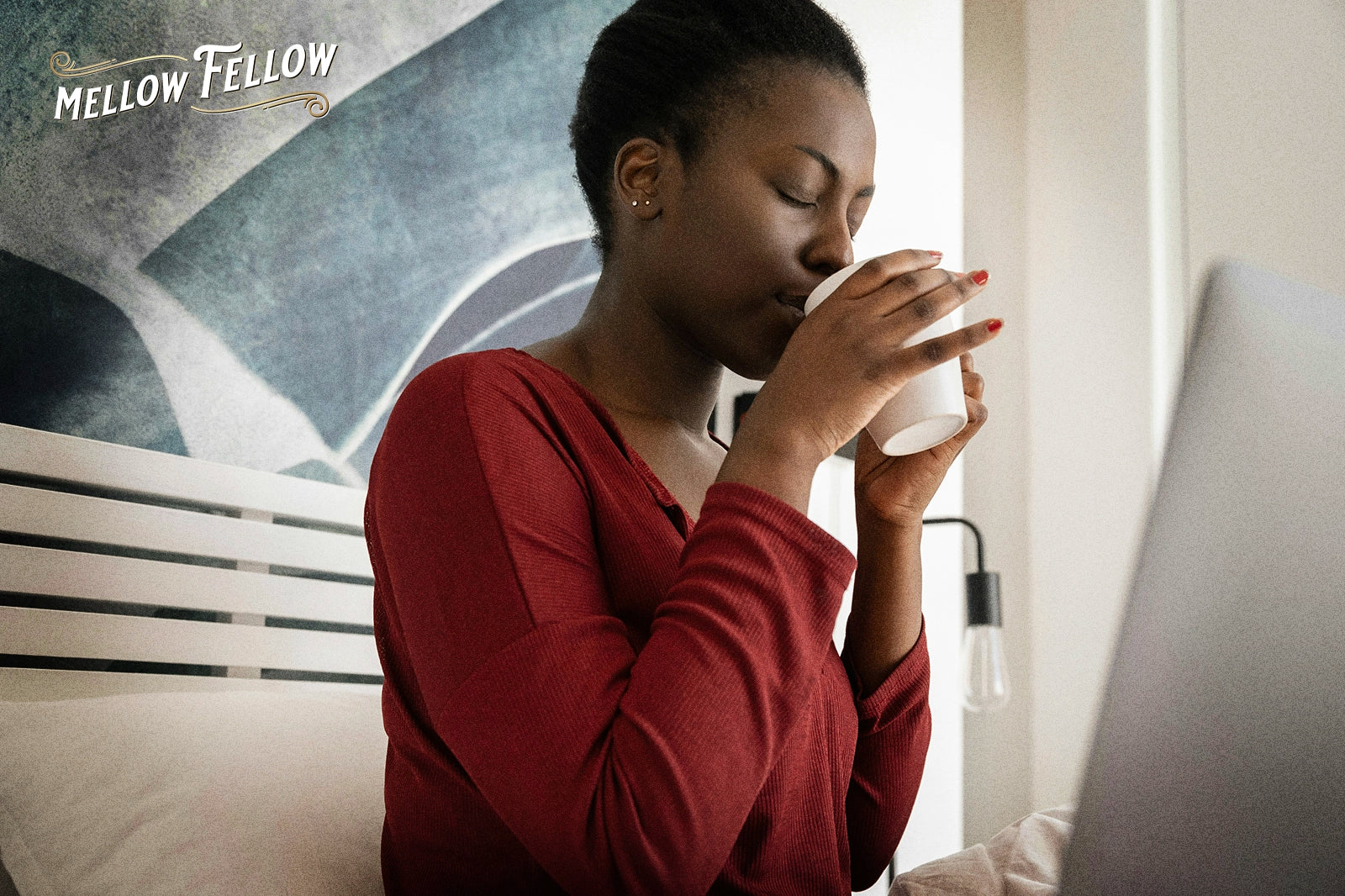 Mellow Fellow logo and a woman relaxing having tea