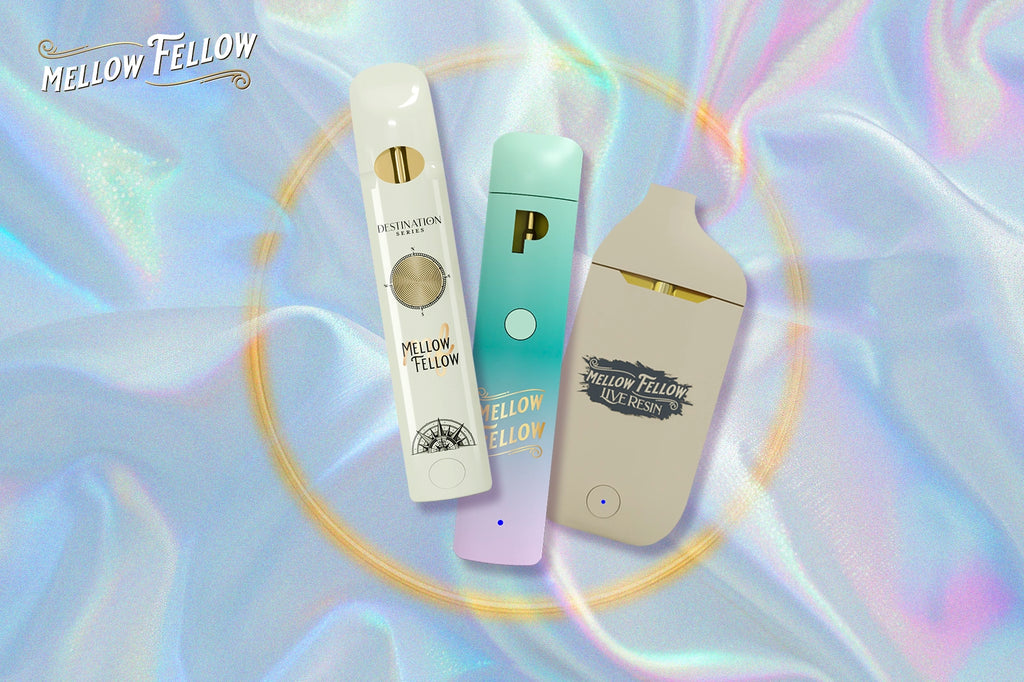 Two Mellow Fellow vape cartridges and a vape device placed against a shimmering iridescent background