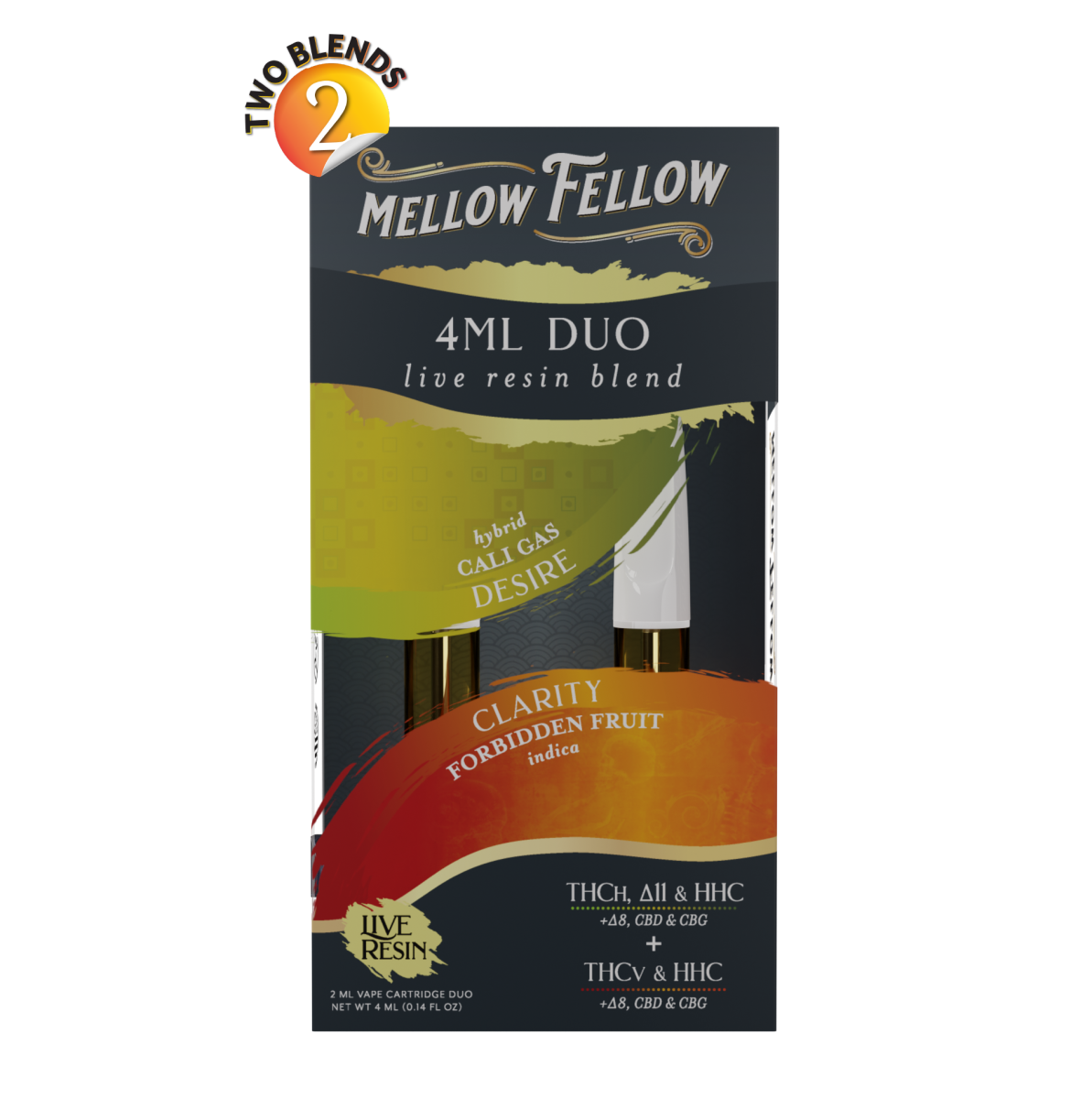 Desire - Cali Gas (Hybrid) & Clarity - Forbidden Fruit (Indica) - Live Resin 4ml Vape Cart Duo - Mellow Fellow