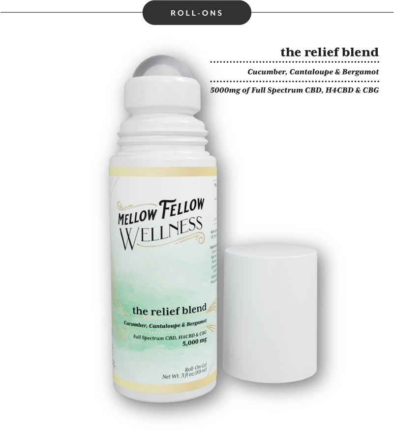 A roll-on bottle labeled "Mellow Fellow Wellness." The product is named "the relief blend," featuring cucumber, cantaloupe, and bergamot scents, with full spectrum CBD and CBG, totaling 5,000 mg. The white cap is removed and placed beside the bottle.